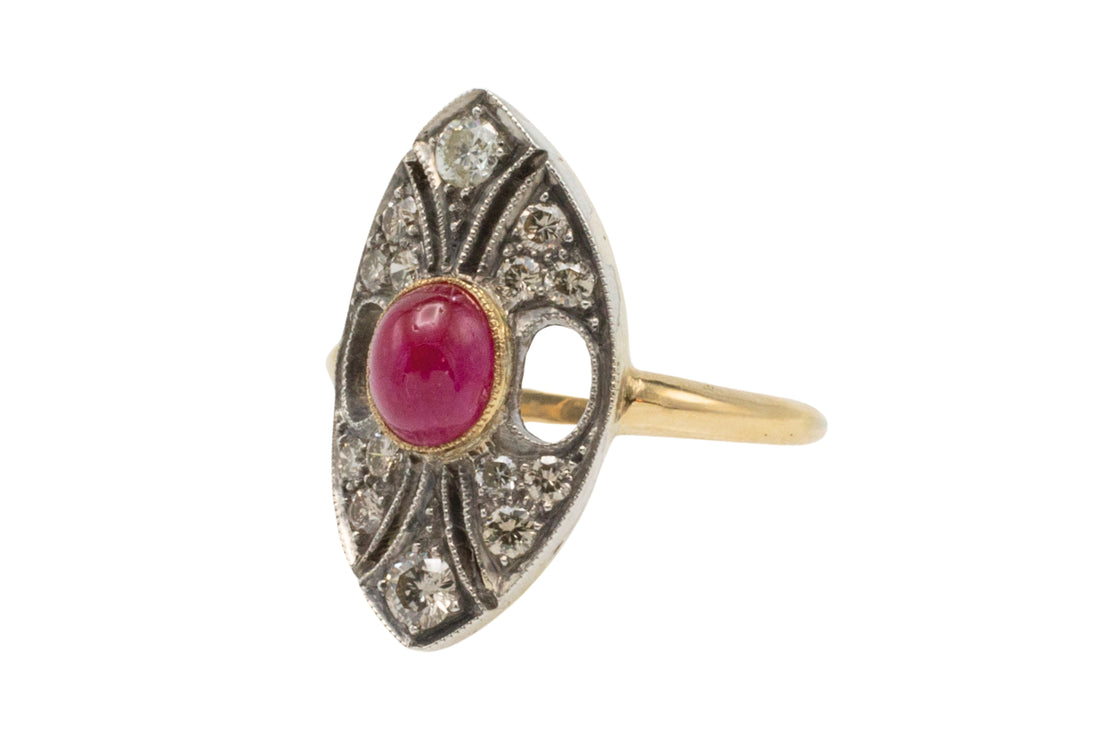 Vintage cabochon ruby and diamond marquise shaped ring-Vintage Rings-The Antique Ring Shop