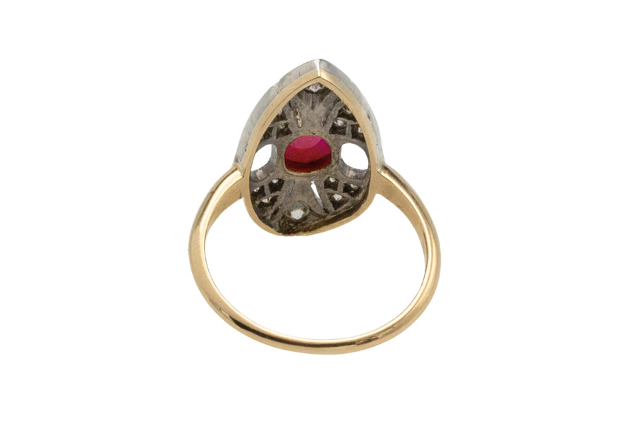 Vintage cabochon ruby and diamond marquise shaped ring-Vintage Rings-The Antique Ring Shop