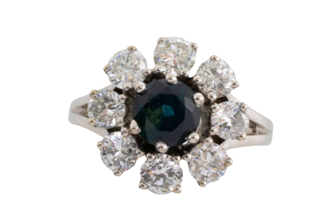 Sapphire and diamond cluster ring in 14 carat white gol-engagement rings-The Antique Ring Shop