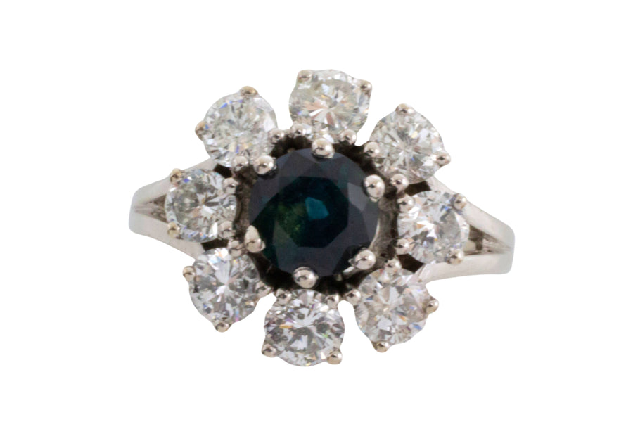 Sapphire and diamond cluster ring in 14 carat white gol-engagement rings-The Antique Ring Shop
