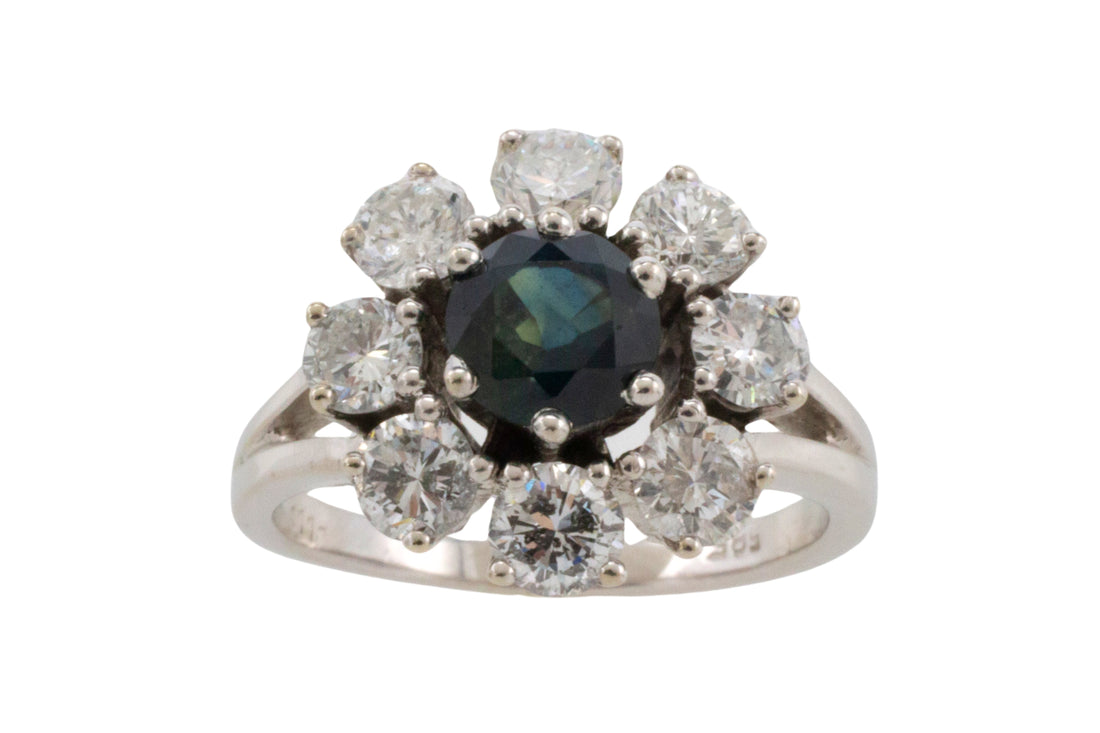 Sapphire and diamond cluster ring in 14 carat white gol-engagement rings-The Antique Ring Shop