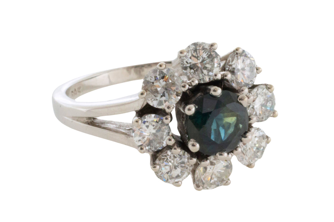 Sapphire and diamond cluster ring in 14 carat white gol-engagement rings-The Antique Ring Shop