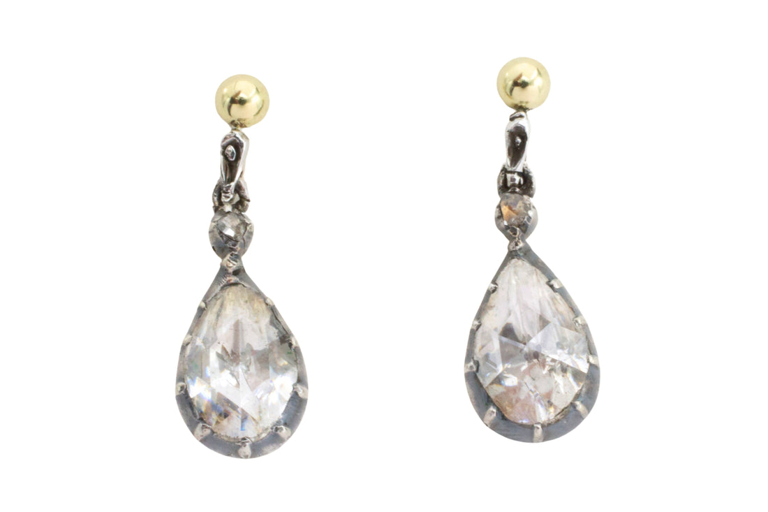 Rose diamond drop earrings in silver and gold-Earrings-The Antique Ring Shop