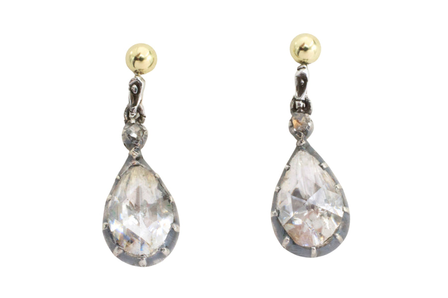 Rose diamond drop earrings in silver and gold-Earrings-The Antique Ring Shop