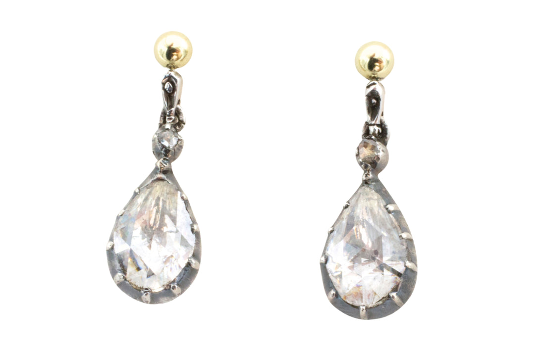 Rose diamond drop earrings in silver and gold-Earrings-The Antique Ring Shop