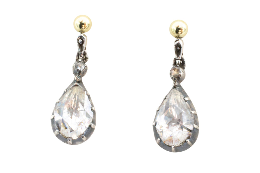 Rose diamond drop earrings in silver and gold-Earrings-The Antique Ring Shop