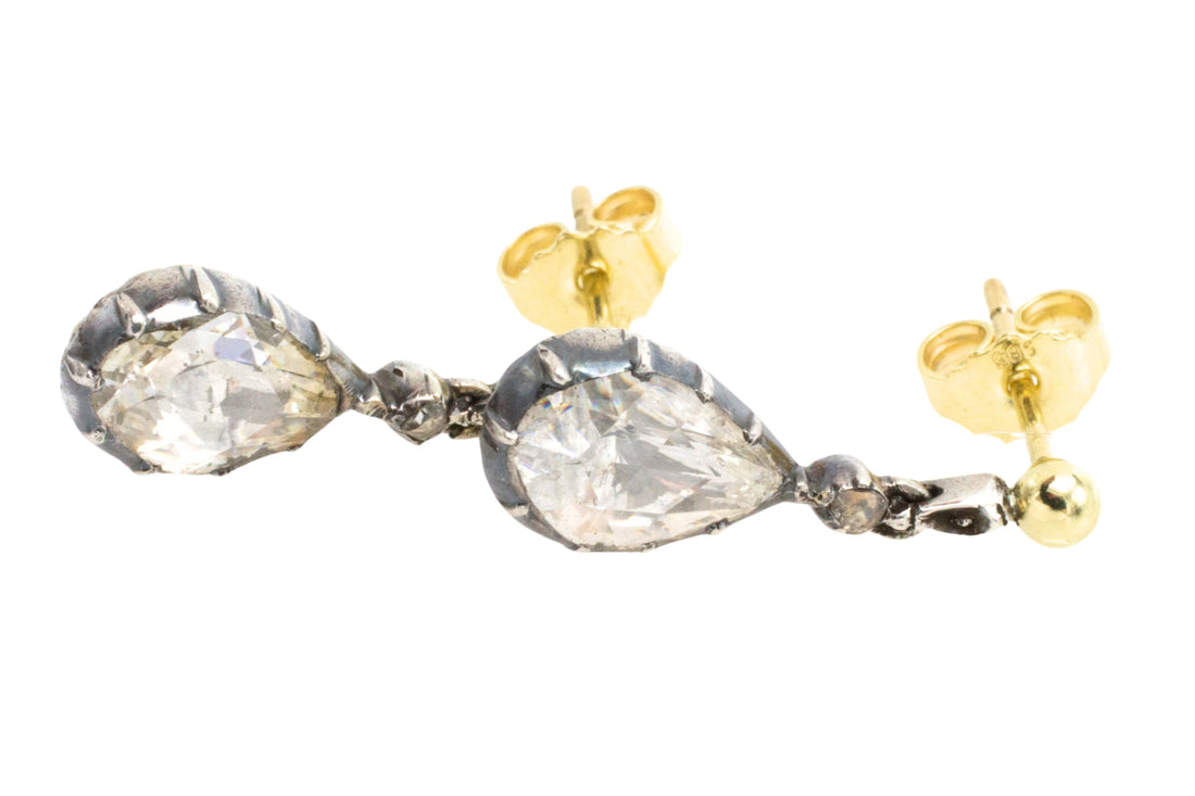 Rose diamond drop earrings in silver and gold-Earrings-The Antique Ring Shop