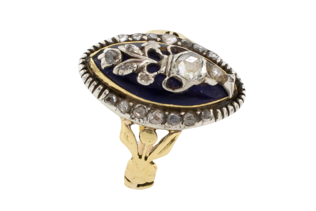 Rose diamond cobolt glass ring in gold and silver-Antique rings-The Antique Ring Shop