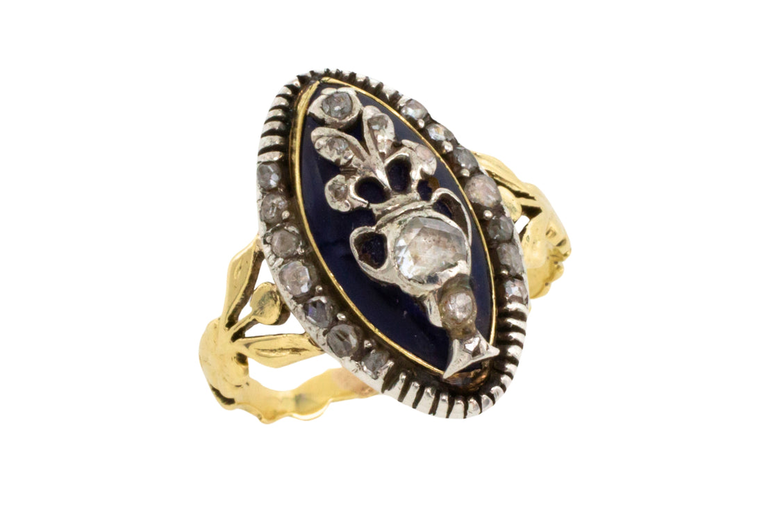 Rose diamond cobolt glass ring in gold and silver-Antique rings-The Antique Ring Shop