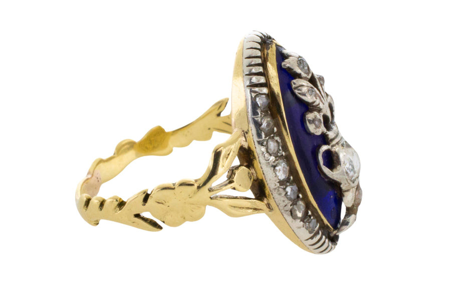 Rose diamond cobolt glass ring in gold and silver-Antique rings-The Antique Ring Shop