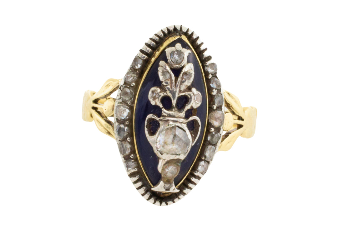 Rose diamond cobolt glass ring in gold and silver-Antique rings-The Antique Ring Shop