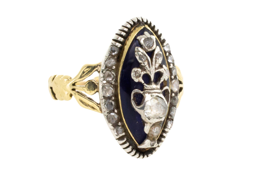 Rose diamond cobolt glass ring in gold and silver-Antique rings-The Antique Ring Shop