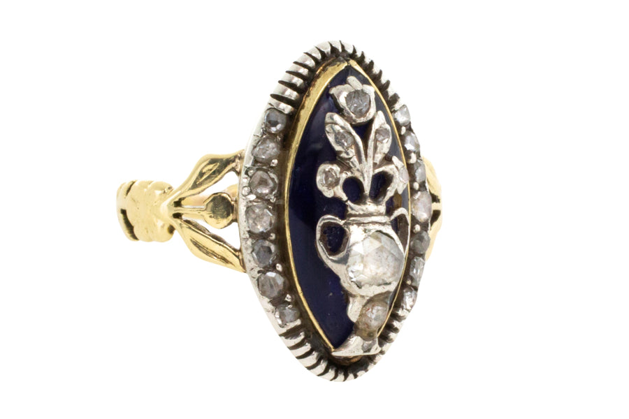 Rose diamond cobolt glass ring in gold and silver-Antique rings-The Antique Ring Shop