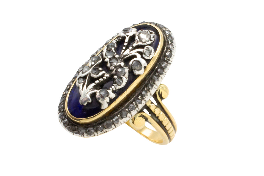 Rose diamond cobolt glass ring in gold and silver-Antique rings-The Antique Ring Shop