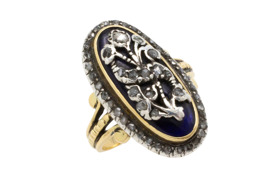 Rose diamond cobolt glass ring in gold and silver-Antique rings-The Antique Ring Shop