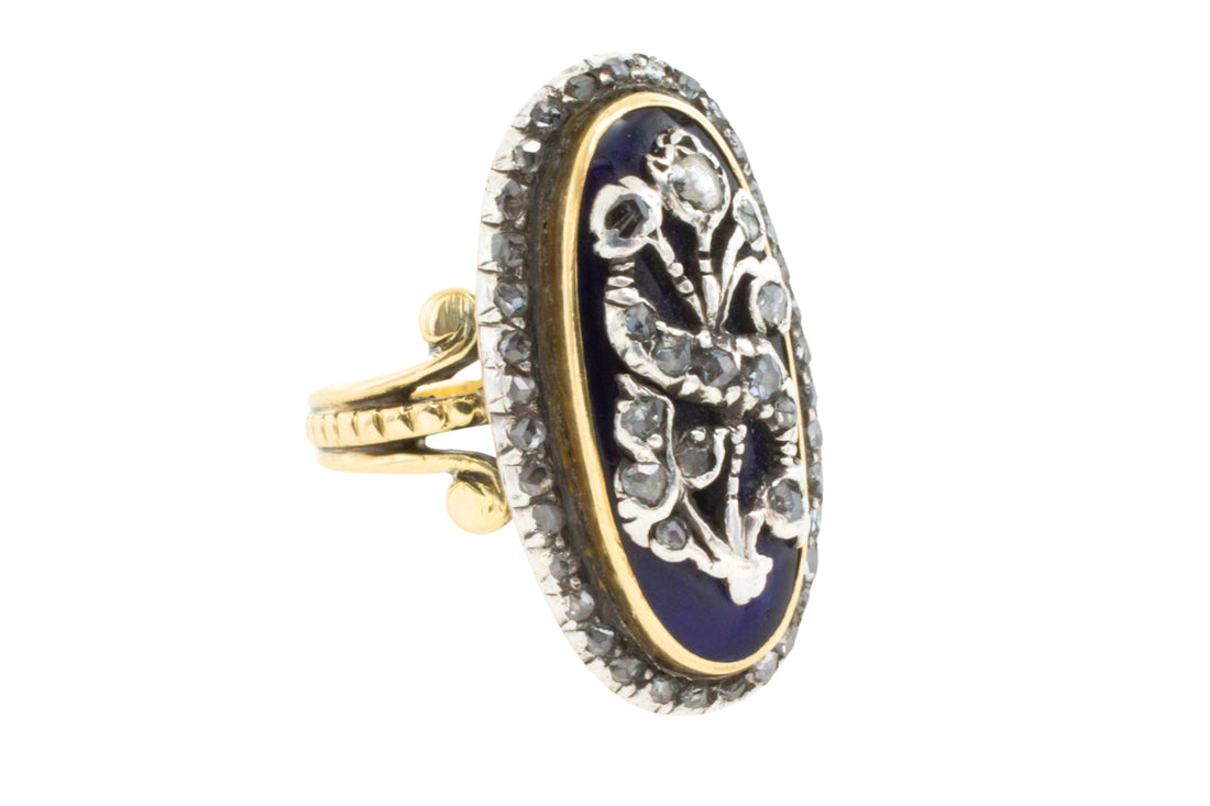 Rose diamond cobolt glass ring in gold and silver-Antique rings-The Antique Ring Shop