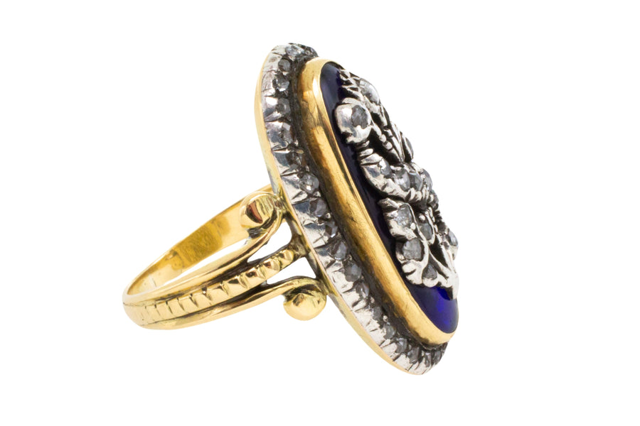 Rose diamond cobolt glass ring in gold and silver-Antique rings-The Antique Ring Shop