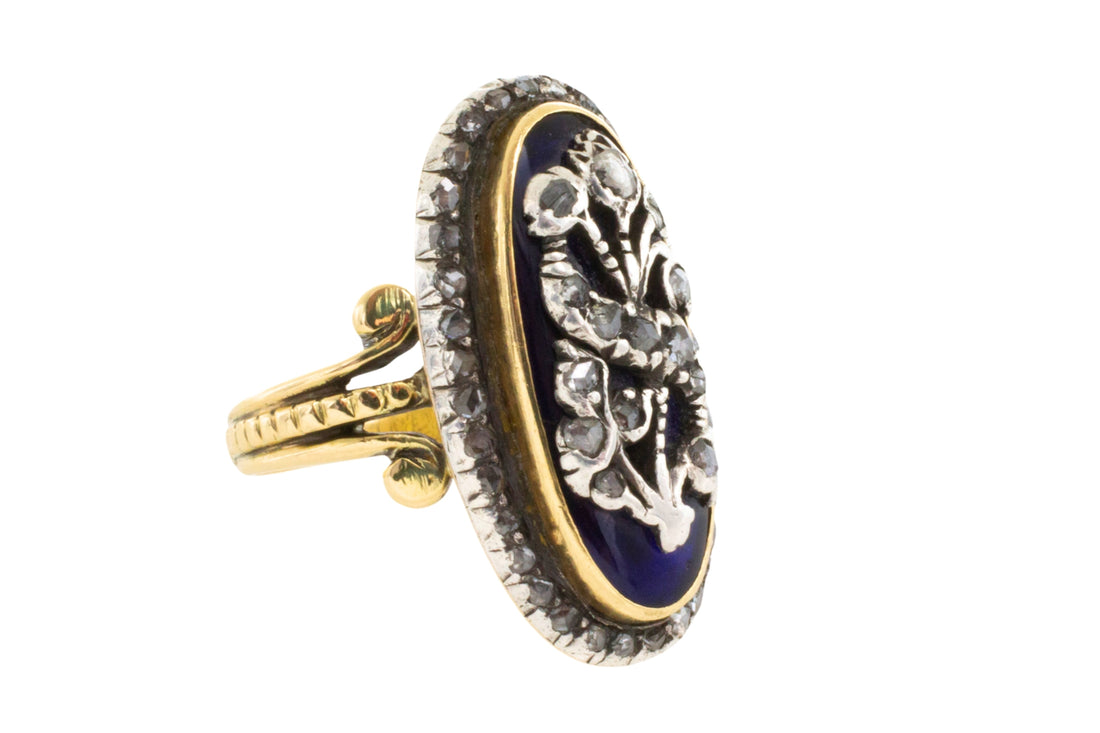 Rose diamond cobolt glass ring in gold and silver-Antique rings-The Antique Ring Shop