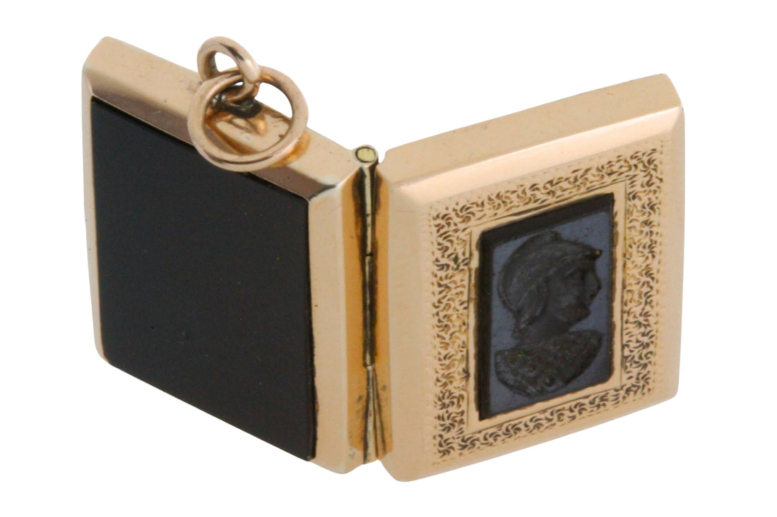 Vintage intaglio photo locket in 14 carat gold-Pendants-The Antique Ring Shop