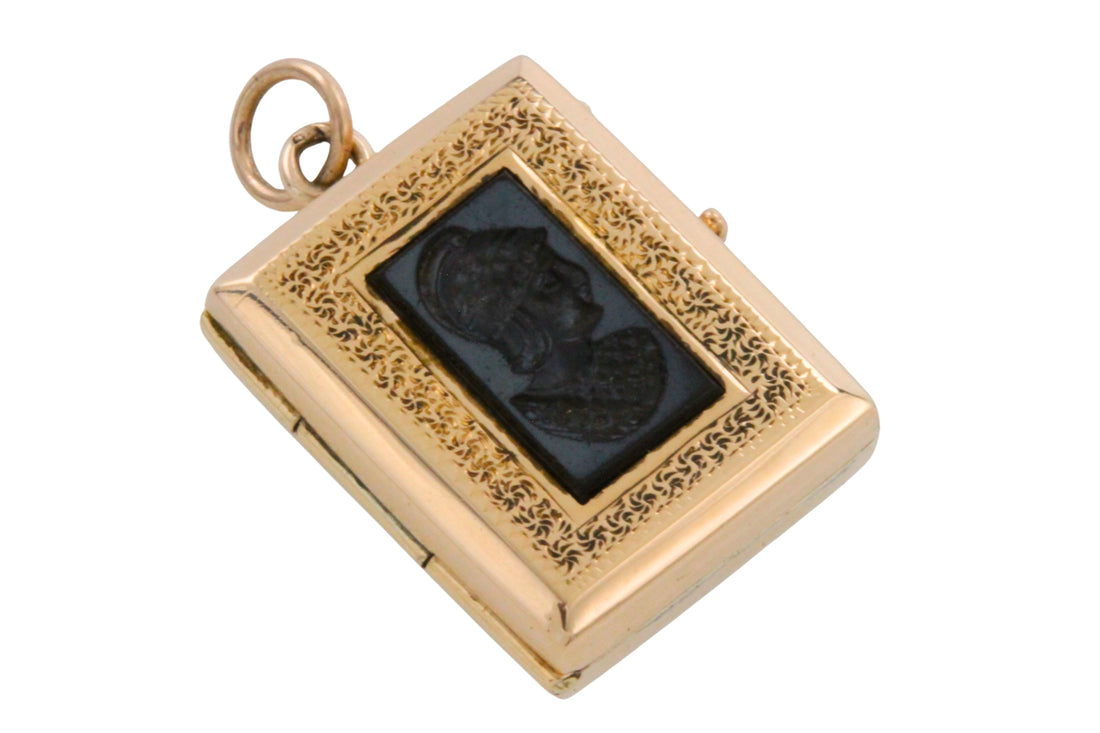 Vintage intaglio photo locket in 14 carat gold-Pendants-The Antique Ring Shop