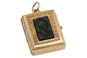Vintage intaglio photo locket in 14 carat gold-Pendants-The Antique Ring Shop