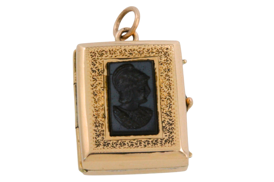 Vintage intaglio photo locket in 14 carat gold-Pendants-The Antique Ring Shop