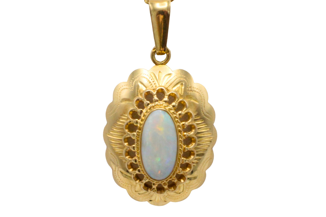 White opal pendant in 14 carat gold-Pendants-The Antique Ring Shop