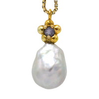 Baroque grey pearl and iolite pendant-Pendants-The Antique Ring Shop
