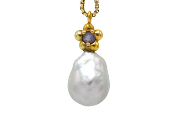 Baroque grey pearl and iolite pendant-Pendants-The Antique Ring Shop