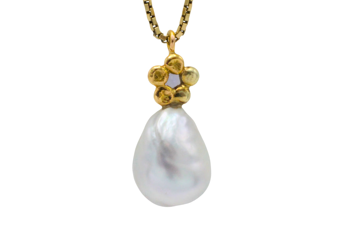 Baroque grey pearl and iolite pendant-Pendants-The Antique Ring Shop