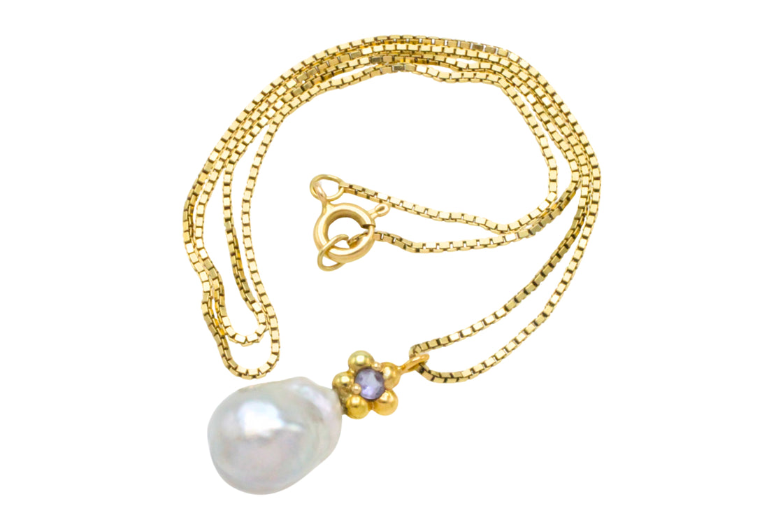 Baroque grey pearl and iolite pendant-Pendants-The Antique Ring Shop