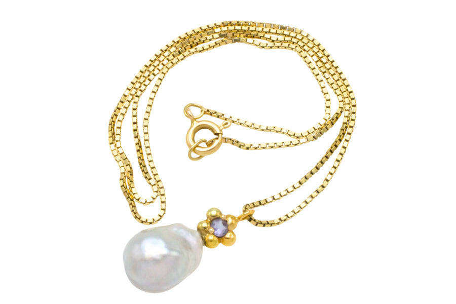 Baroque grey pearl and iolite pendant-Pendants-The Antique Ring Shop