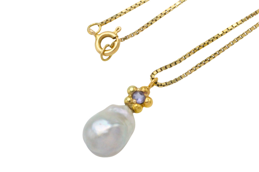 Baroque grey pearl and iolite pendant-Pendants-The Antique Ring Shop