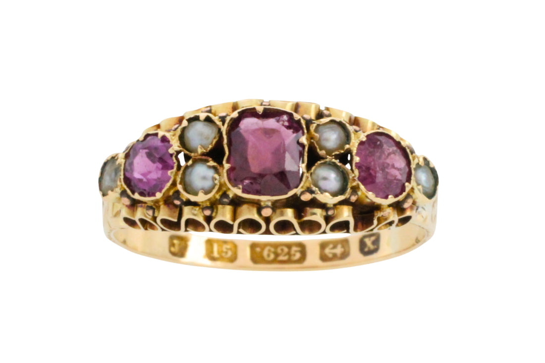 Victorian garnet and pearl ring from 1872-Antique rings-The Antique Ring Shop