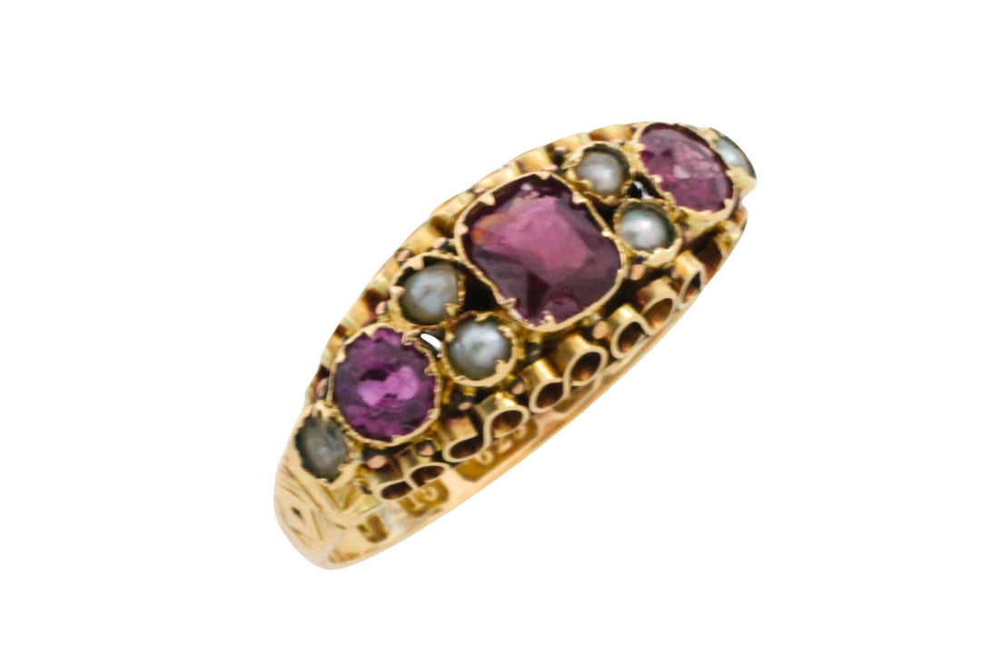 Victorian garnet and pearl ring from 1872-Antique rings-The Antique Ring Shop