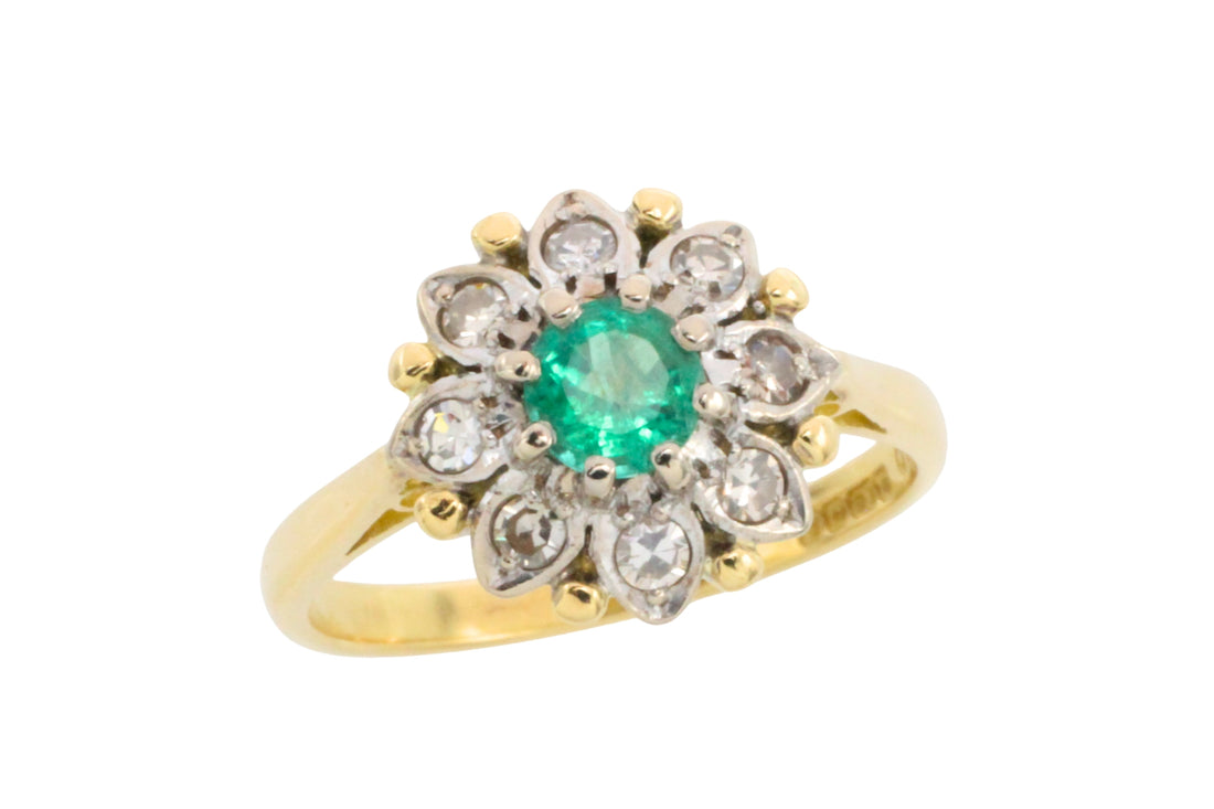 Vintage emerald and diamond cluster ring in gold and platinum-The Antique Ring Shop