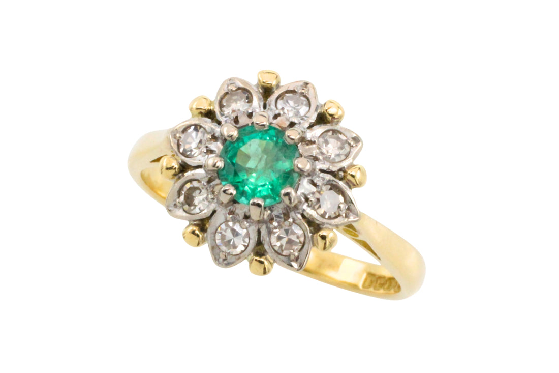 Vintage emerald and diamond cluster ring in gold and platinum-The Antique Ring Shop