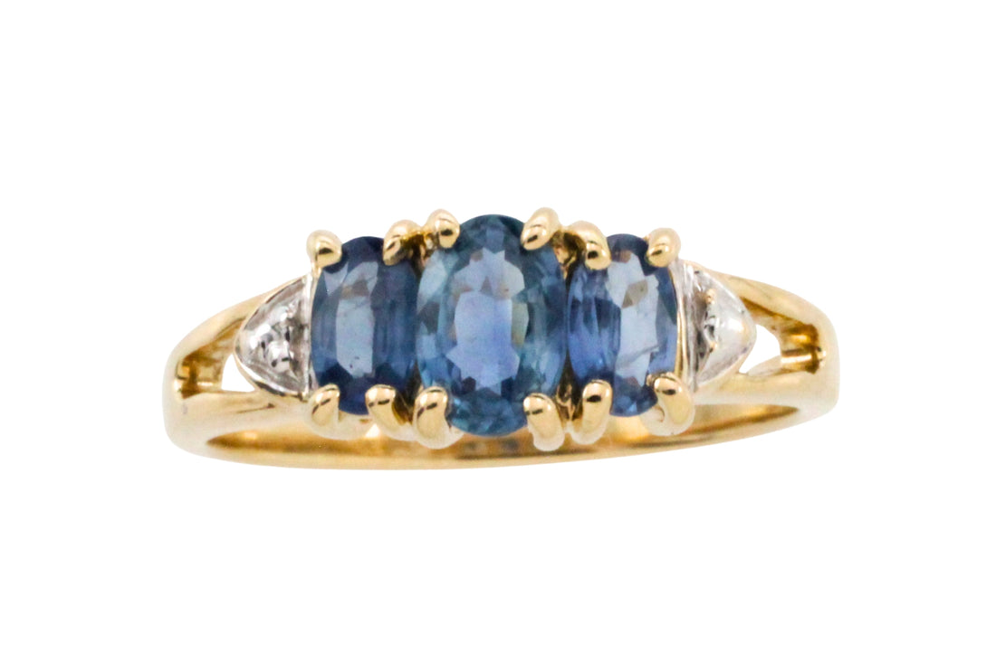 Three stone sapphire ring in 14 carat gold-Vintage Rings-The Antique Ring Shop