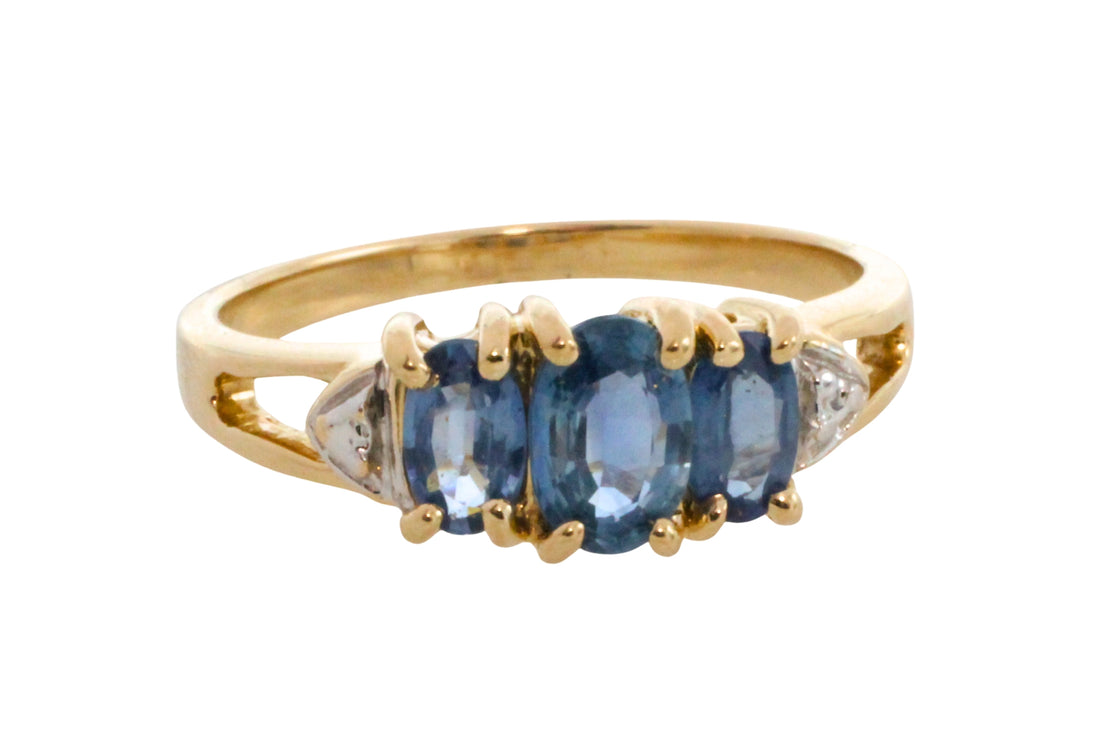 Three stone sapphire ring in 14 carat gold-Vintage Rings-The Antique Ring Shop