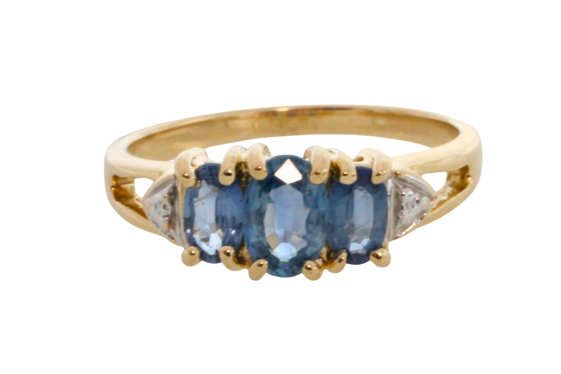 Three stone sapphire ring in 14 carat gold-Vintage Rings-The Antique Ring Shop