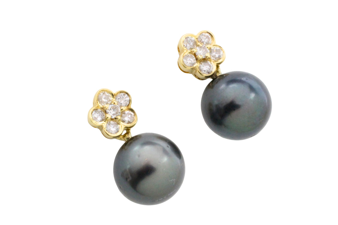 Diamond and grey pearl earrings-Earrings-The Antique Ring Shop
