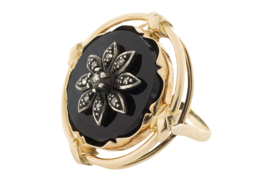 Onyx ring with rose diamonds-Vintage Rings-The Antique Ring Shop