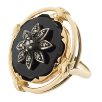 Onyx ring with rose diamonds-Vintage Rings-The Antique Ring Shop