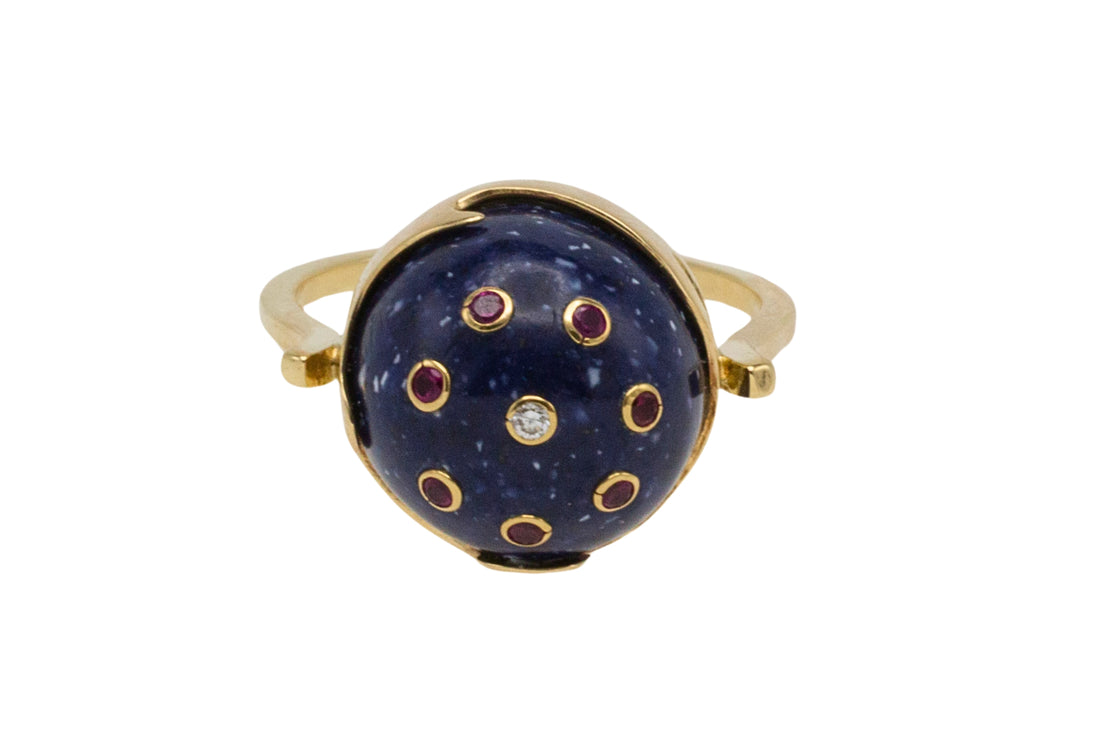 Cabochon sodalite ring with rubies and diamond-Vintage Rings-The Antique Ring Shop