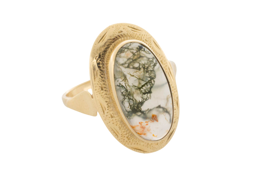 Vinatge cabochon moss agate ring in 14 carat gold-Vintage Rings-The Antique Ring Shop