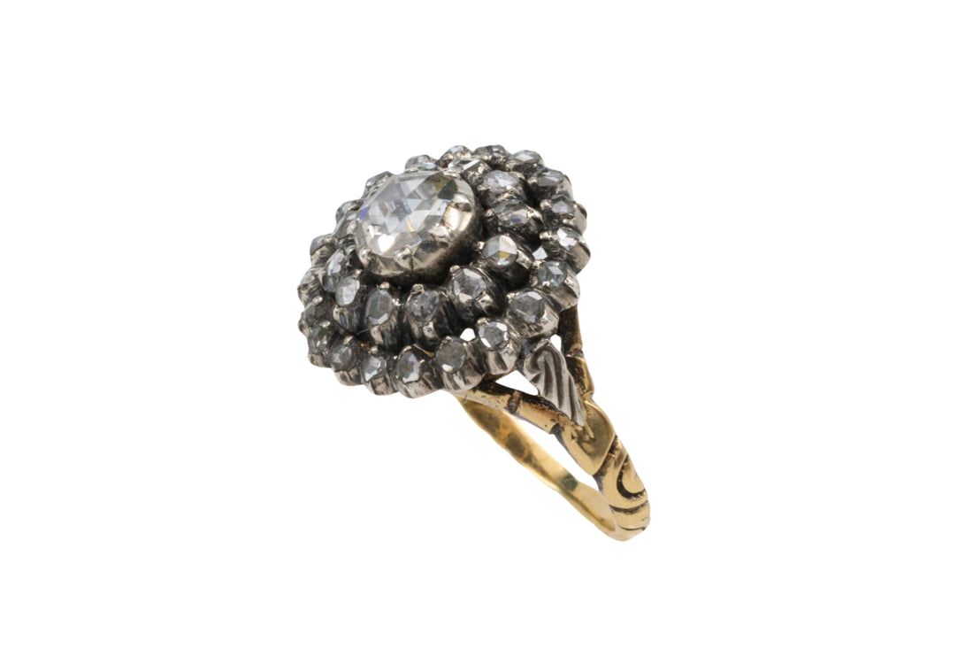 Classic rose diamond cluster ring in gold and silver