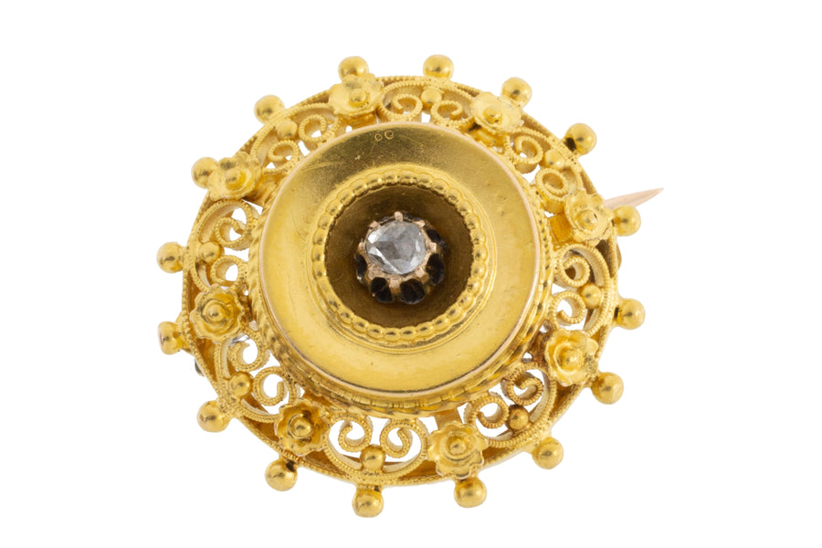 Filigree brooch with rose diamond in 14 carat gold-Brooches-The Antique Ring Shop