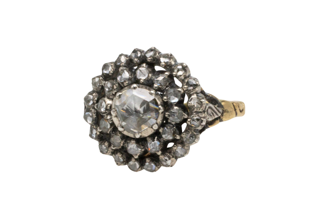 Classic rose diamond cluster ring in gold and silver