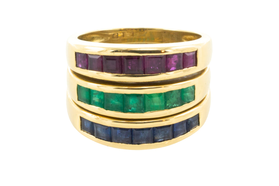 18 carat gold triple band with sapphire, emerald and ruby-Vintage Rings-The Antique Ring Shop