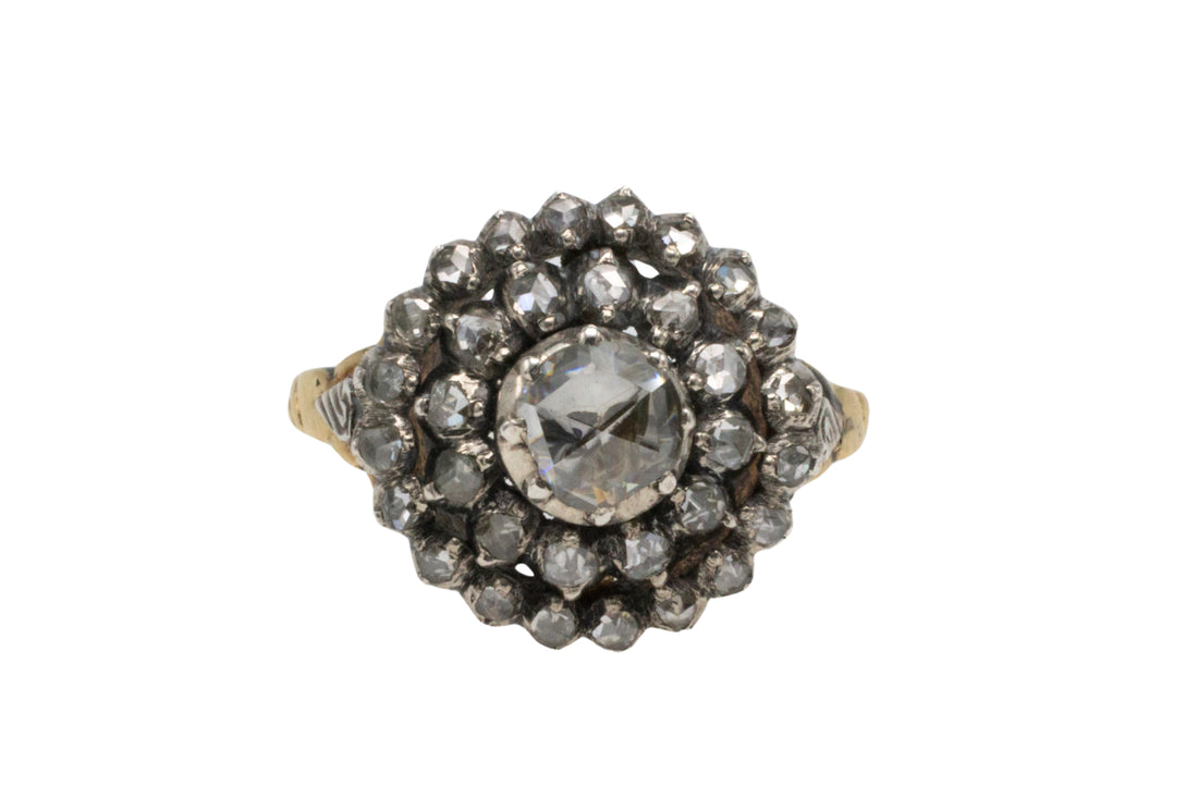 Classic rose diamond cluster ring in gold and silver